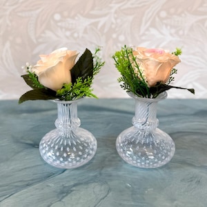 Op de afbeelding: Twee heldere glazen vaasjes met een ronde basis en een textuur met stippen. Elke vaas bevat een perzikroos met groene bladeren. De vazen staan op een lichtblauwe ondergrond.