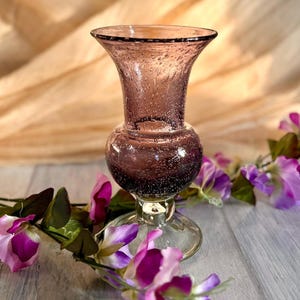 Vintage Art Glass Deep Dusty Purple Hurricane Vase - Blown Glass with Controlled Bubbles and Pedestal Base - Retro Amethyst Votive Holder