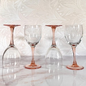 Set of 4 Vintage 1980s Luminarc “Rose” Wine Glasses with blush pink stems