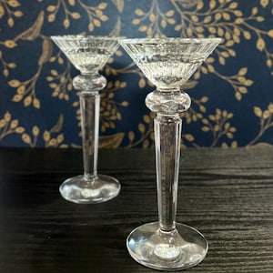 Pair of 2 Vintage Gorham Chantilly Single Light Crystal Candlesticks - Clear Glass Art Deco Engraved / Etched Starburst Candle Holders