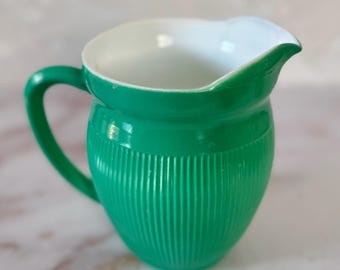 Hazel Atlas Vintage 1 Pint Platonite Emerald Green Fired On Color Milk Glass Creamer / Mini Pitcher - Colorful Mid Century Kitchen Decor