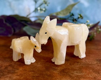 Parent & Child Pair of 2 Hand Carved Stone Donkeys / Pencil/Pen Holder Burros - Mom and Baby Mule Figurines - Animal Theme Nursery Gift