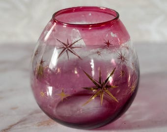 Vaso/portacandele rotondo vintage "Atomic Star Cranberry" rosa, trasparente e oro di Bartlett Collins - Lusterware MCM ametista iridescente