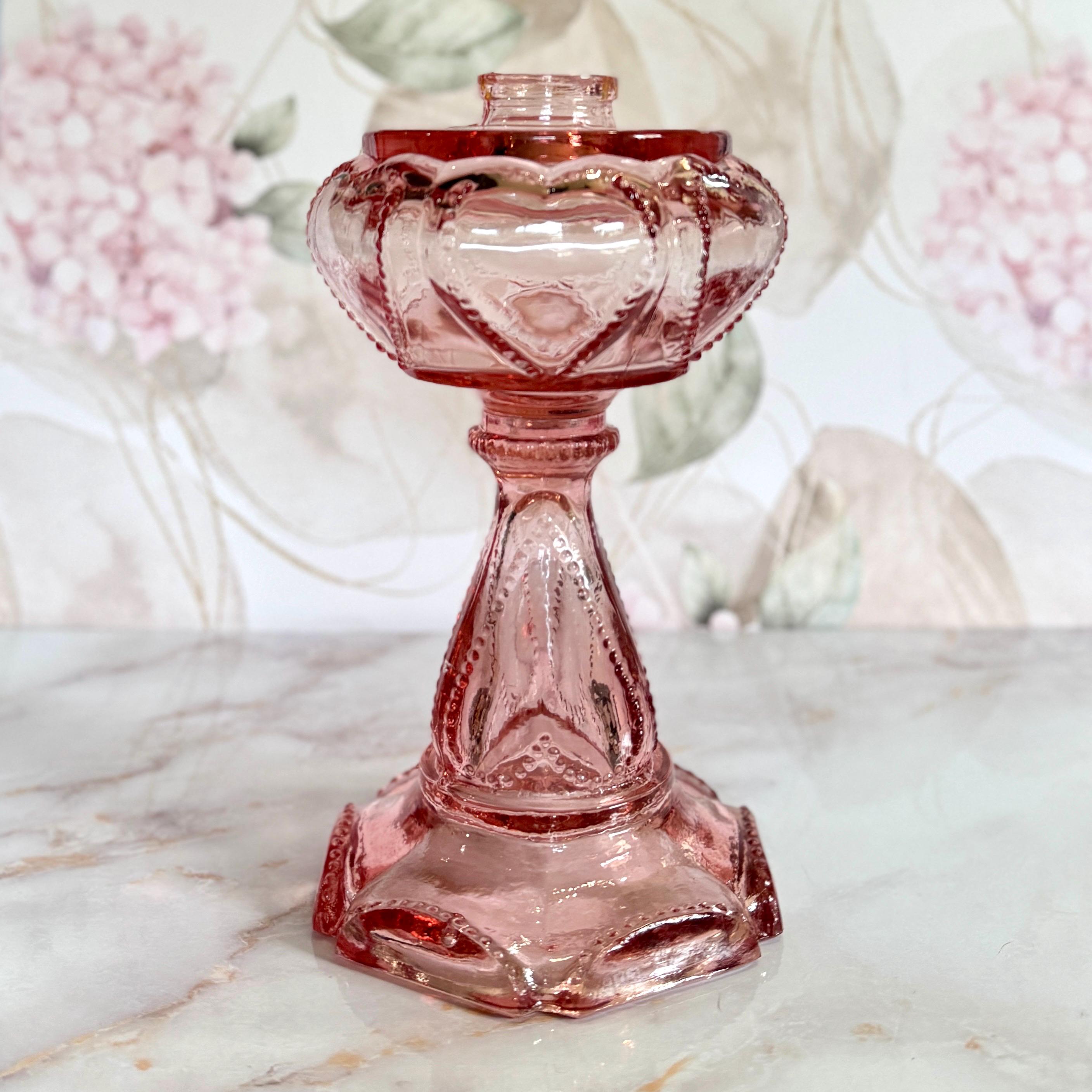 Antique 1800s Pink Glass Oil Lamp Base - Findlay Beaded Queen of Hearts ...