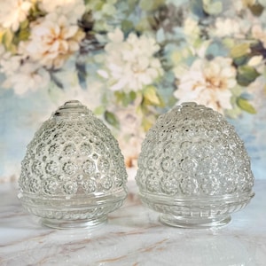 Op de afbeelding: Twee heldere glazen lampenkappen met een textuur, bubbelachtig patroon. De kappen hebben een afgeronde, eivormige vorm en staan op een decoratieve basis. De achtergrond heeft een bloemenontwerp.