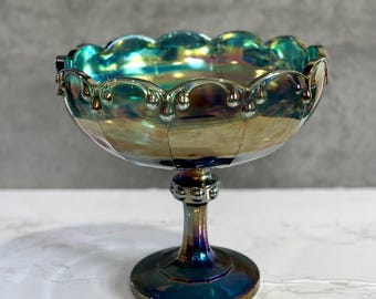 Peacock Blue Large Vintage Pedestal Compote by Indiana Glass (1960-70s) - Iridescent Carnival Glass