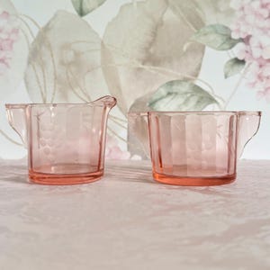 Optic Panel Art Deco Pink Creamer & Sugar by Jeanette Glass  - Vintage Depression Etched Grapes Optic Glass - Selenium Glow!