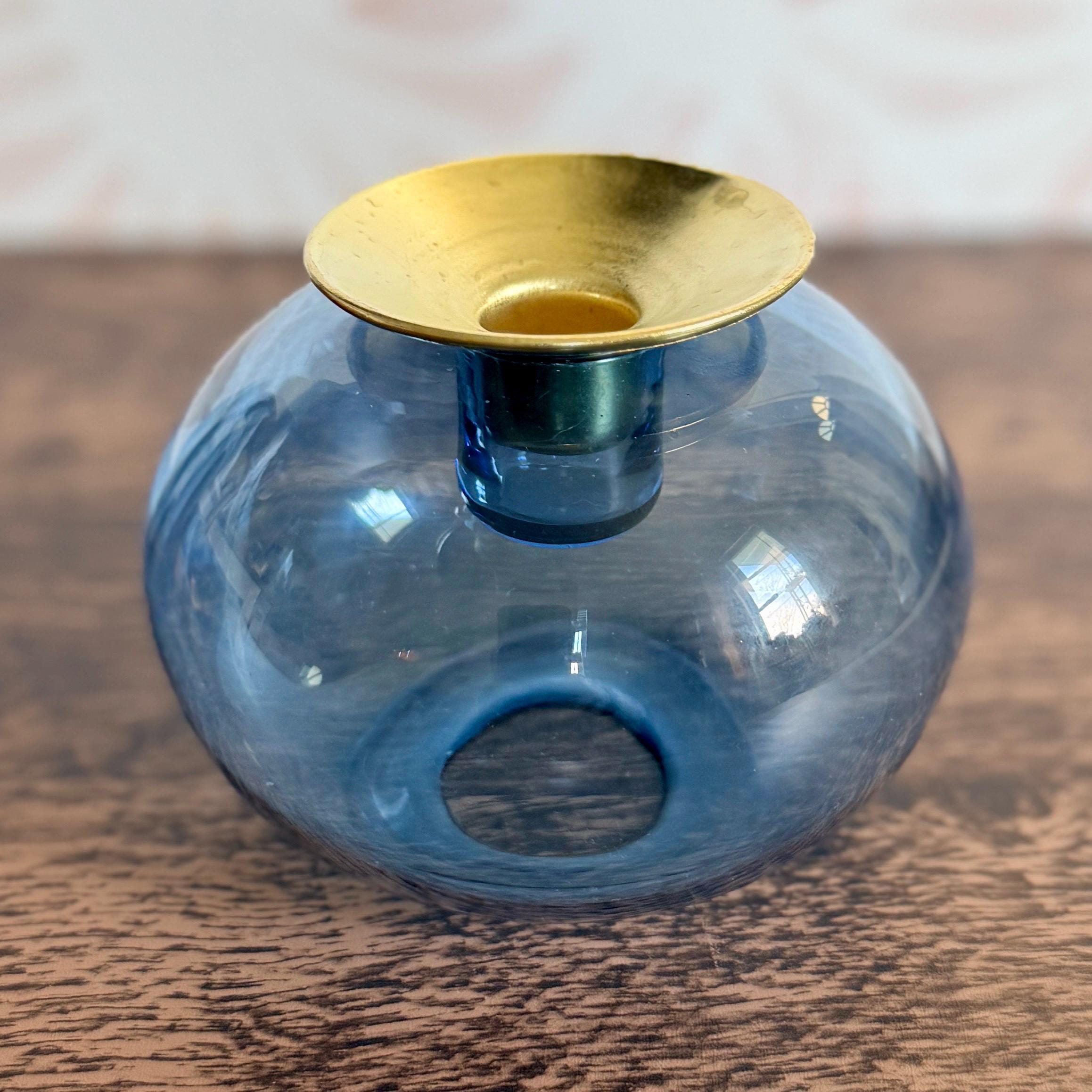 MCM Per Lutken Style Indigo Blue Round Sphere Candle Holder - Unique Danish Modern Retro Decor - Scandinavian Mid Century Home Design