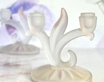 Pair of 2 Vintage 1940s Indiana Glass Two Light Candlesticks - Frosted Lotus Blossom with Satintone Pastel Color by Century