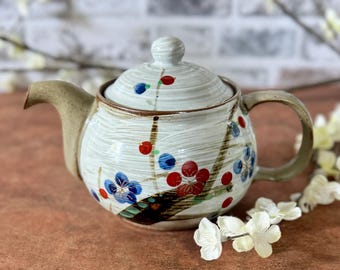 Vintage Otagiri Japan Hana Plommonblomma Handmålad Tekanna i Stengods - Japansk Mitten av Århundradet Retro Keramik Handgjord Blommig Tekanna