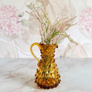 Vintage Hand Blown Hobnail Empoli Italian Amber Handled Pitcher - MCM Mid Century Kitchen - Amber Gold Hobnailed Glass