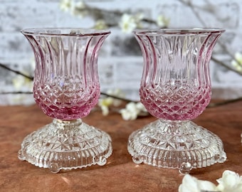Curated Pair of 2 Pink / Lavender Diamond Quilted Optic Flared Homco Votive Cups AND 2 Clear Votive Cup Holders - Vintage Romantic Lighting