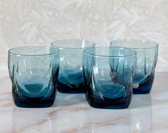 Set of 4 Libbey Imperial Turquoise Highball / Liquor / Whiskey Glasses : Dark Ocean Blue Vintage Glassware Set - Art Deco 2000’s Barware