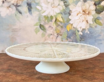 Vintage Mid Century Anchor Hocking Milk Glass 'Gold Fleur de lis' Pedestal Style Cake Stand - MCM White Round Display Tray - 22k gold accent
