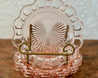 Vintage set of 4 Pink 1930’s Anchor Hocking 'Open Lace' Old Colony Salad Plates - Pink Lace Edge Depression Glass - Pastel Decor