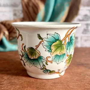 Maceta floral japonesa de cerámica estilo chinoiserie pintada a mano de los años 80 - Regalo retro reciclado para jardineros