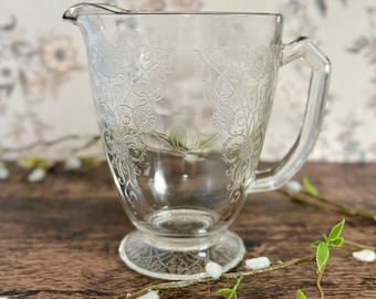 Hazel Atlas Florentine Clear Depression Era Serving Pitcher - Vintage Floral and Scroll Pattern Pressed Glass Lemonade / Ice Tea Pitcher