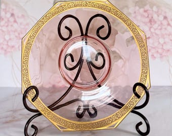 Vintage Tiffin Rambler Rose roze glas en bladgoud 10" art deco achthoekige depressie glazen serveerschaal - bloemen roospatroon gouden afwerking