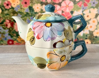 Ceramiczny, zabytkowy czajniczek „Crazy Daisies” z motywem kwiatowym Gibson Designs Elite Stacking Teapot z pokrywką i kubkiem – herbata dla jednej osoby, malowany ręcznie prezent