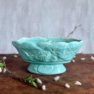 Mid Century Teal Blue Ceramic Glazed Lotus & Lily Pad Design  “USA” Marked Planter - Vintage California Pottery - McCoy or Shawnee 1960’s