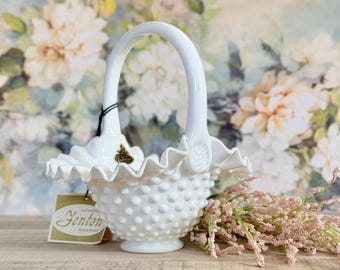 Fenton Uranium Glass Basket With Hand Painted Pink Blossum Flowers