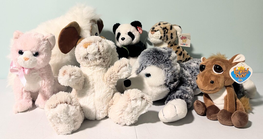 Set of 6 Plush/stuffed Animals Mammoth, Rabbit, Panda, Leopard, Cat ...