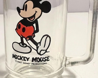 Vtg Walt Disney Productions Mickey Mouse Ciężki, przezroczysty szklany kubek 5 3/4"