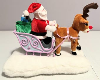Gemmy Rudolph The Red Nosed Reindeer Santa and Sleigh Christmas Decor Animated