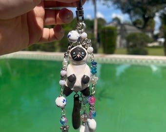 Handmade Sculpted Kitty Keychain with Blue Beads