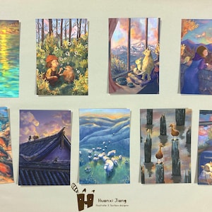 May include: A collection of nine art prints featuring various landscape and narrative scenes. The prints showcase diverse settings, including seascapes, mountain views, and scenes with figures and animals. The color palettes range from warm sunset hues to cool blues and greens.