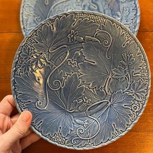 Vintage Bordallo Pinheiro Blue Majolica Grape Leaf Plates Set of 2, Portuguese Pottery Salad Plates, Raised Relief Vine Pattern