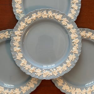 May include: A set of four light blue ceramic plates featuring a raised white relief pattern of grapevines and leaves along the scalloped edges. The plates have a smooth, glossy finish and a circular shape with a central depression and decorative border.