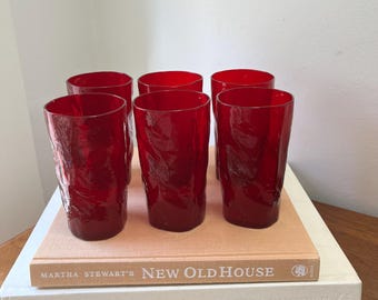 Vintage Morgantown Crinkle Ruby Red Glass Tumblers, Set of 6 – Vintage Art Glass Drinkware, Textured Red Glasses, Holiday Tableware