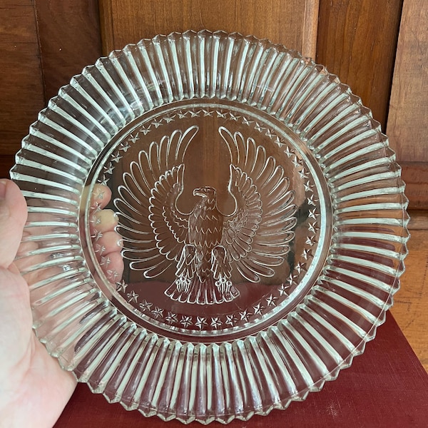 Vintage Clear Pressed Glass Eagle Plate | Patriotic Americana Fluted Rim Display Dish