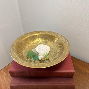 Vintage Etched Brass Pedestal Bowl: Indian Floral Design