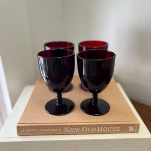 Vintage Ruby Red Ribbed Stem Goblets | Mid-Century Barware, Set of 4