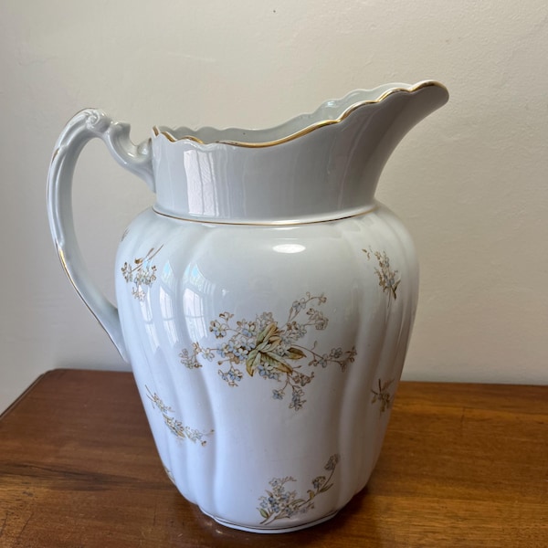 Vintage Johnson Brothers Ironstone Pitcher: Blue Floral, Gold Accents