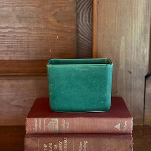 May include: A square-shaped, deep green ceramic planter with a smooth, glossy finish. The planter features rounded corners and a solid, uniform color throughout its exterior surface, presenting a clean and simple design for holding small plants.