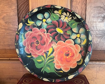 Hand Painted Folk Art Wooden Bowl Floral Black Ground Vintage Decorative Plate