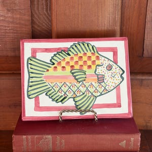 Vintage MacKenzie-Childs Hand Painted Ceramic Fish Trivet Cork Backed