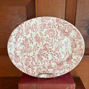 May include: An oval ceramic platter featuring a cream-colored base with a repeating pattern of dark pink roses, leaves, and floral stems. The design covers the entire surface of the platter, which is displayed upright on a metal stand.