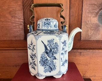 Vintage Blue Danube Thailand Porcelain Teapot Brass Handle Blue White Asian Style Tea Pot