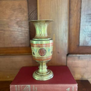 Etched Brass Indian Vase: Hand-Painted Floral Design