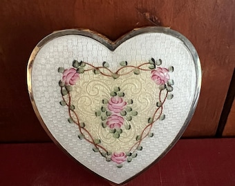 Vintage Heart Shaped Floral Trinket Box with Mirror | Gold Tone Vanity Keepsake Box