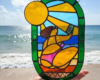 Stained Glass Suncatcher: Curvy Woman Beach Art - 9.5x6 in