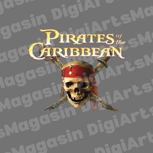 Diseño PNG de calavera y espadas de Piratas del Caribe de Disney, logotipo pirata de Disney+ con licencia oficial, gráfico de camiseta de Jack Sparrow