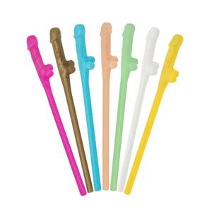 May include: A collection of novelty drink stirrers in various colors, including pink, brown, blue, peach, green, white, and yellow. Each stirrer is shaped like a stylized phallus.