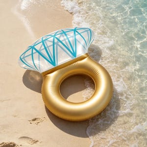 May include: An inflatable pool float shaped like a large diamond ring. The band is a solid metallic gold color, while the top section is clear with a geometric pattern of blue lines representing the facets of a diamond cut gemstone.