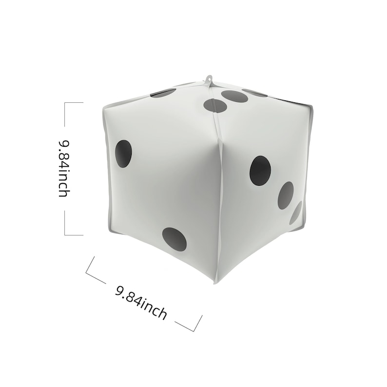 May include: A white inflatable die with black dots. Each side measures 9.84 inches. The die has a loop at the top for hanging. This oversized die is suitable for games and decorative purposes.