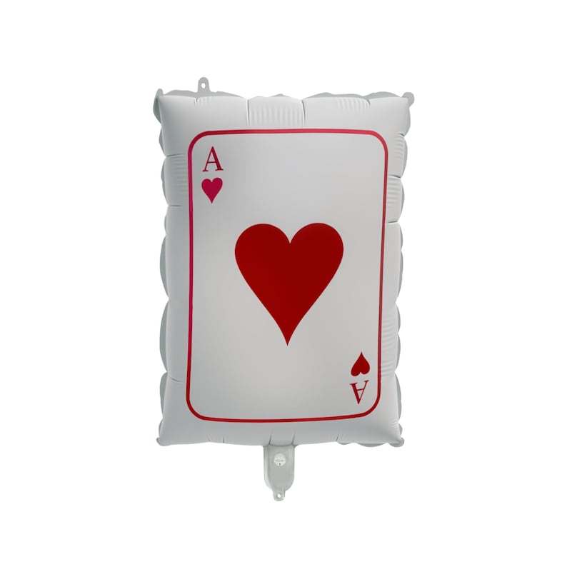 May include: A rectangular, silver-colored balloon shaped like the Ace of Hearts playing card. The card features a large red heart in the center, with a smaller red heart and the letter "A" in each corner.